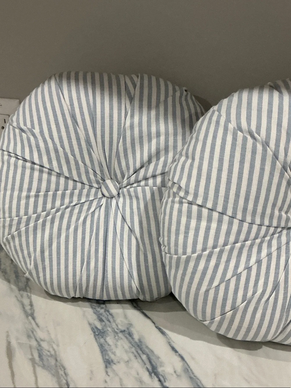 2 Round Tufted Throw Pillows - Blue and White Striped
